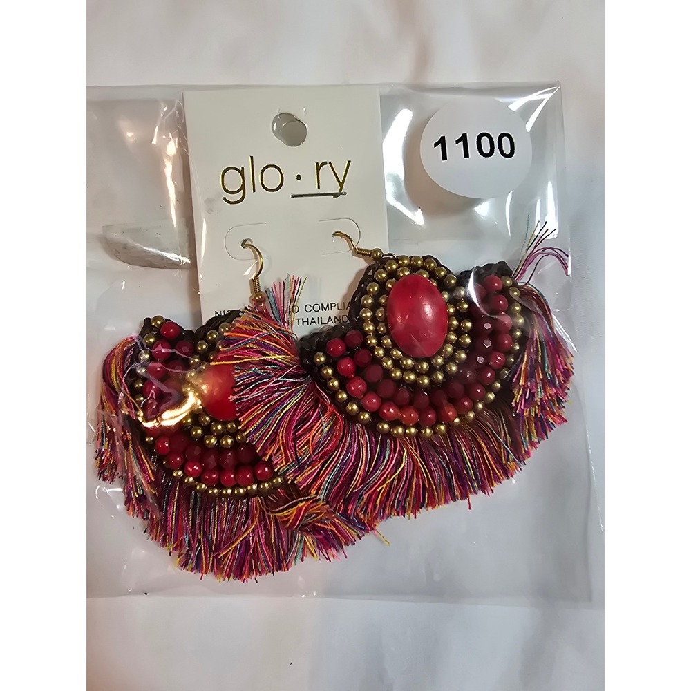 Glory Red Beaded Tassel Drop Earrings Boho‎ Statement Fan Multicolor New